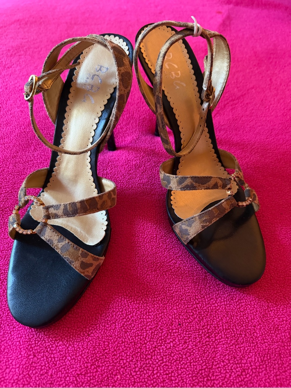 BCBG Paris Women’s Leopard Print Strappy Heels with Embellished Accents